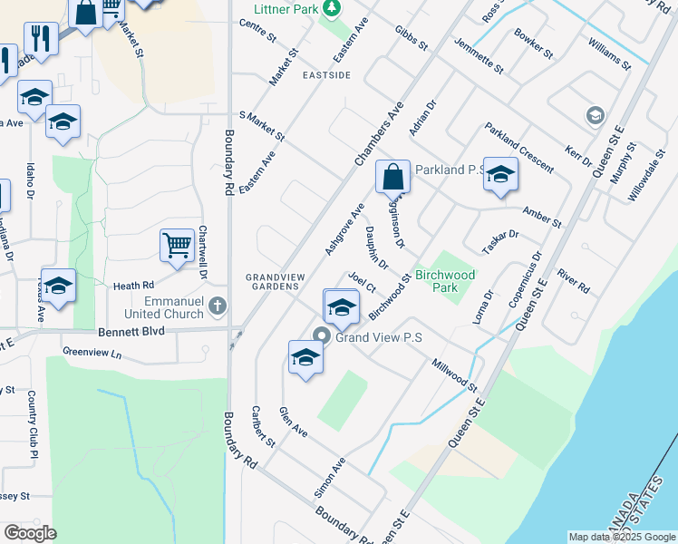 map of restaurants, bars, coffee shops, grocery stores, and more near 63 Joel Court in Sault Ste. Marie