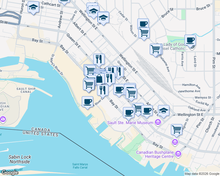 map of restaurants, bars, coffee shops, grocery stores, and more near 75 Elgin Street in Sault Ste. Marie