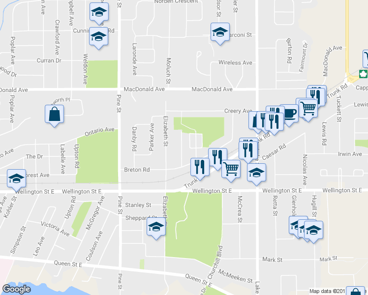 map of restaurants, bars, coffee shops, grocery stores, and more near 26 Ferguson Avenue in Sault Ste. Marie