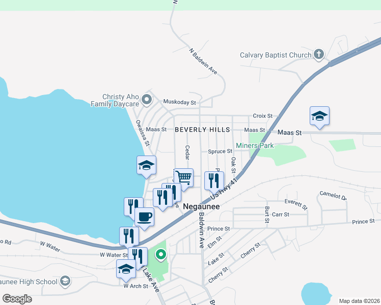 map of restaurants, bars, coffee shops, grocery stores, and more near 900-1098 Cedar in Negaunee