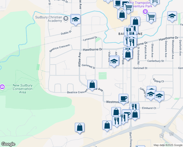 map of restaurants, bars, coffee shops, grocery stores, and more near 20 Viscount Place in Sudbury