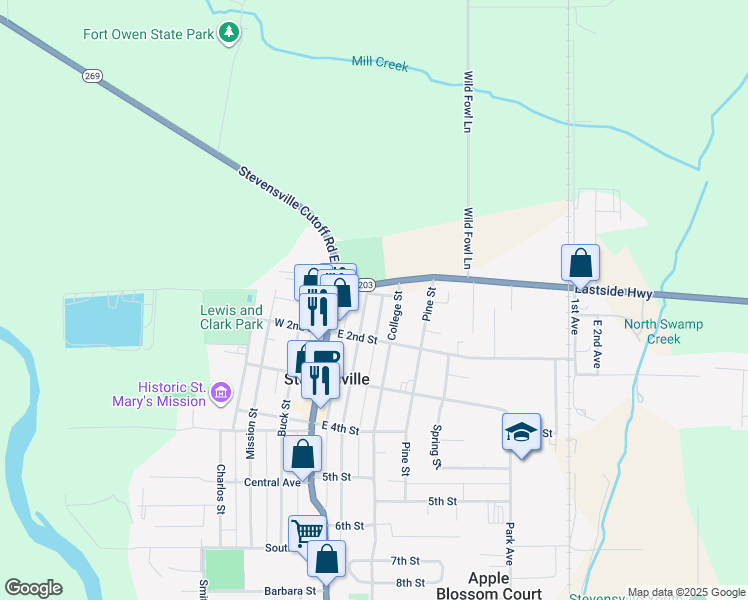map of restaurants, bars, coffee shops, grocery stores, and more near 100 Church Street in Stevensville