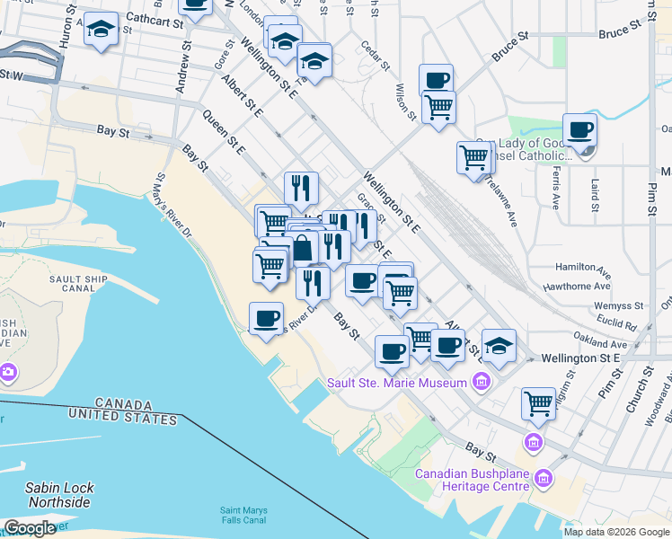 map of restaurants, bars, coffee shops, grocery stores, and more near 75 Elgin Street in Sault Ste. Marie