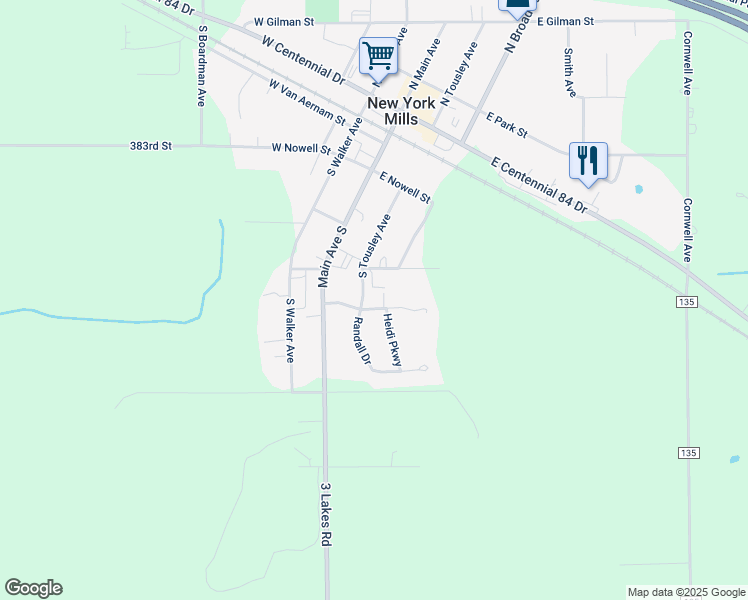 map of restaurants, bars, coffee shops, grocery stores, and more near 105 Wendy Woods Lane in New York Mills