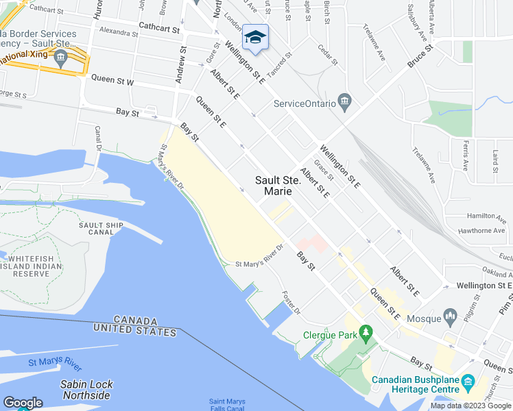 map of restaurants, bars, coffee shops, grocery stores, and more near 216 Bay Street in Sault Ste. Marie