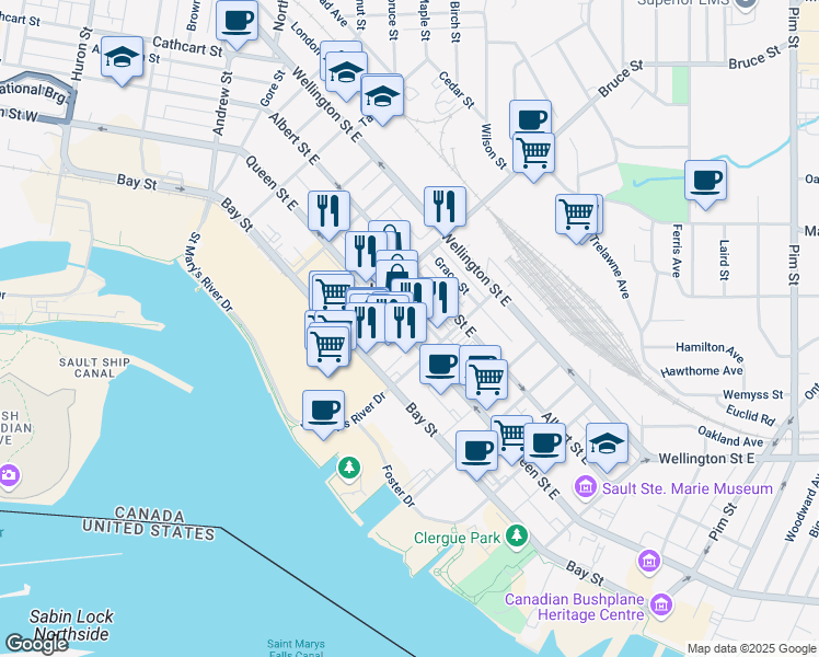map of restaurants, bars, coffee shops, grocery stores, and more near 356 Queen Street East in Sault Ste. Marie
