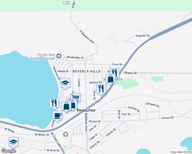 map of restaurants, bars, coffee shops, grocery stores, and more near 600-698 Maas Street in Negaunee