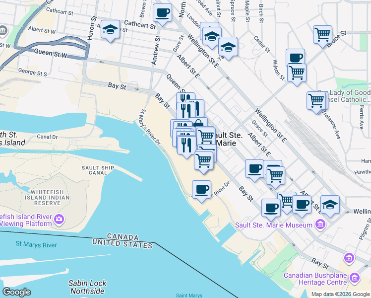 map of restaurants, bars, coffee shops, grocery stores, and more near 216 Bay Street in Sault Ste. Marie