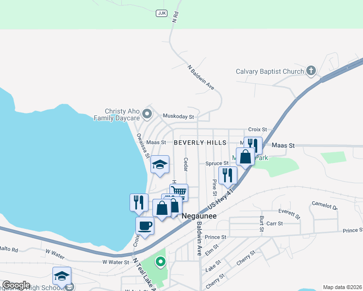 map of restaurants, bars, coffee shops, grocery stores, and more near 400-408 Maas Street in Negaunee