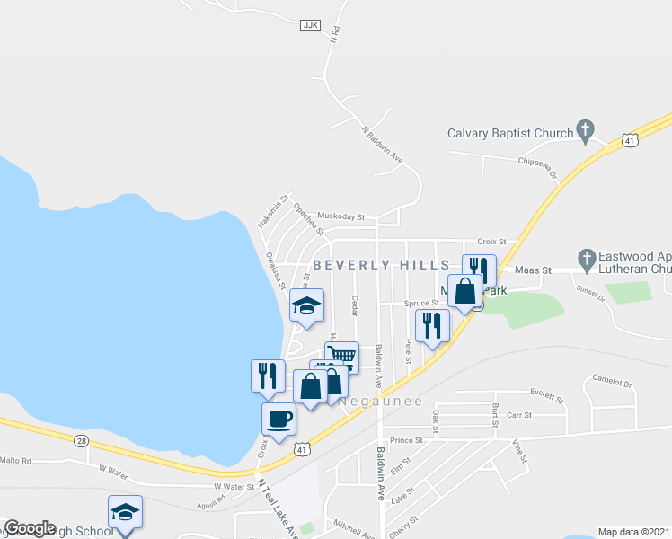 map of restaurants, bars, coffee shops, grocery stores, and more near 400 Maas Street in Negaunee