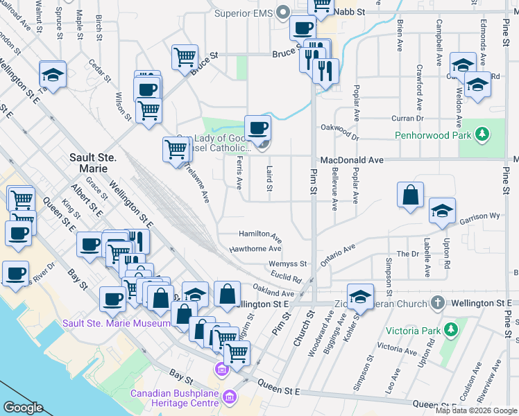 map of restaurants, bars, coffee shops, grocery stores, and more near 52 Borron Avenue in Sault Ste. Marie