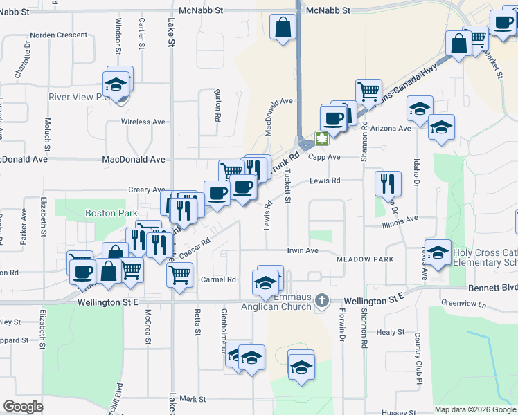 map of restaurants, bars, coffee shops, grocery stores, and more near 47 Lewis Road in Sault Ste. Marie