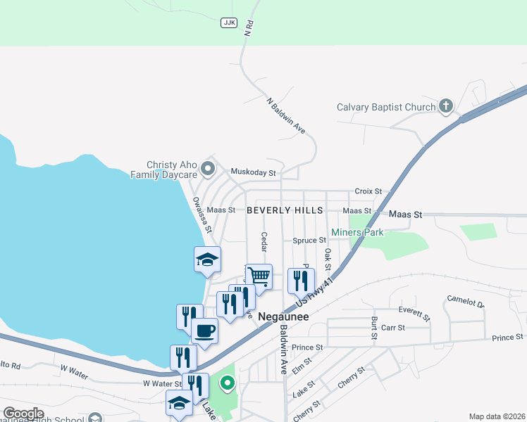 map of restaurants, bars, coffee shops, grocery stores, and more near 1098 Cedar in Negaunee
