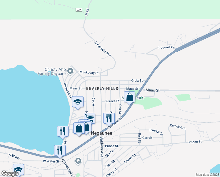 map of restaurants, bars, coffee shops, grocery stores, and more near 600 Maas Street in Negaunee