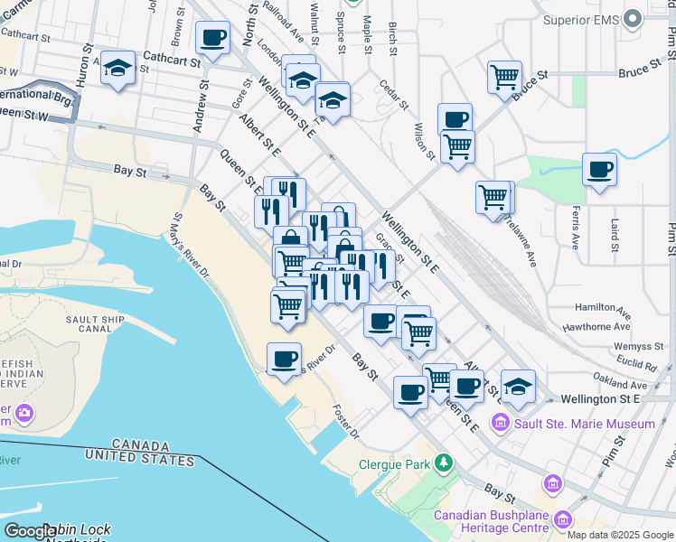 map of restaurants, bars, coffee shops, grocery stores, and more near in Sault Ste. Marie