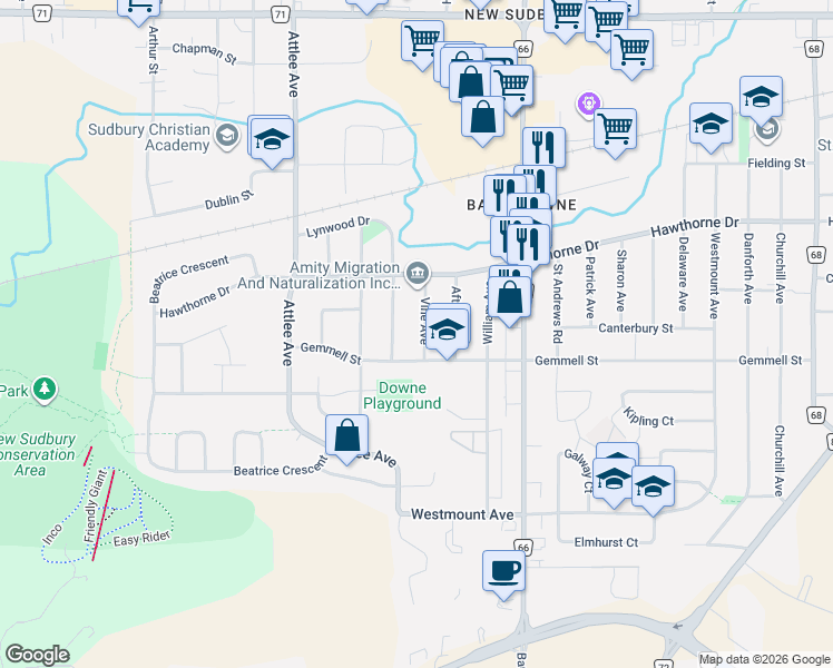 map of restaurants, bars, coffee shops, grocery stores, and more near 899 Vine Avenue in Greater Sudbury