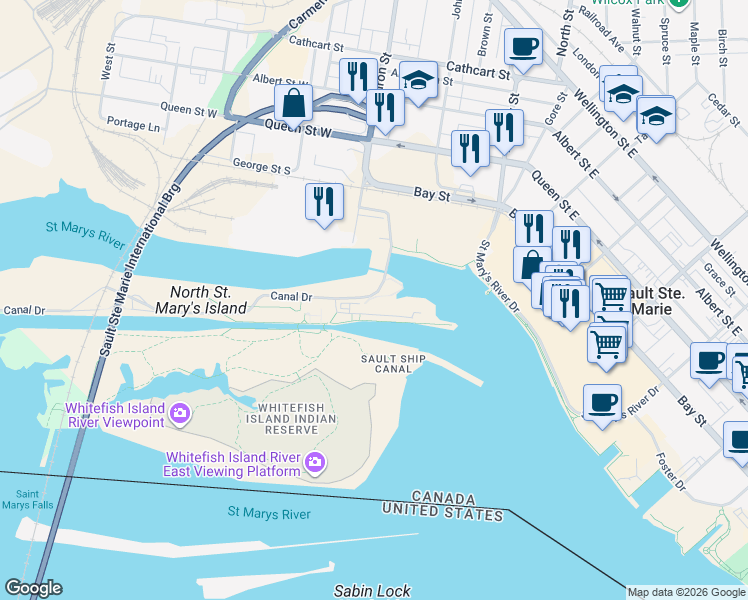 map of restaurants, bars, coffee shops, grocery stores, and more near 8541 Canal Drive in Sault Ste. Marie