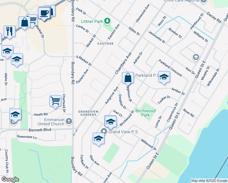 map of restaurants, bars, coffee shops, grocery stores, and more near Ashgrove Avenue in Sault Ste. Marie