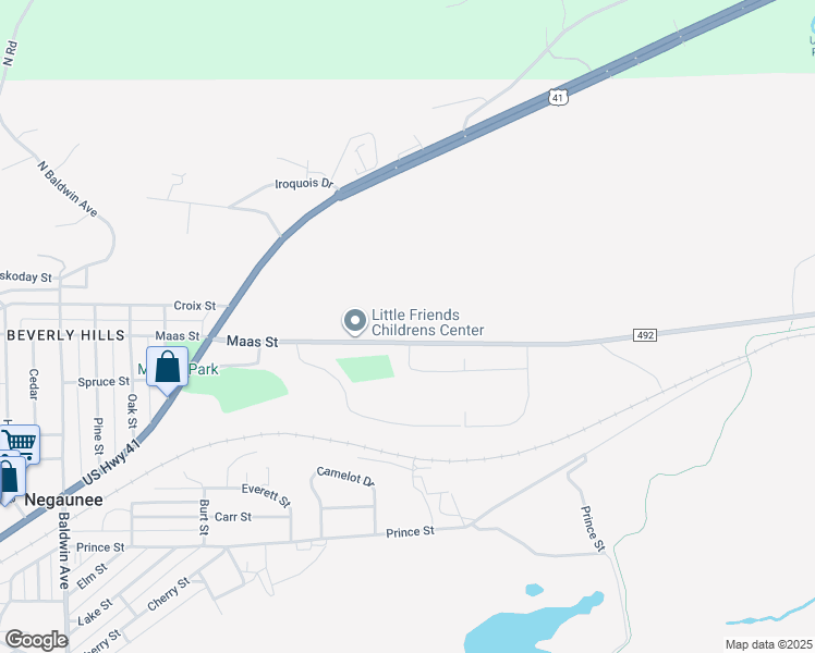 map of restaurants, bars, coffee shops, grocery stores, and more near 1101 Maas Street in Negaunee