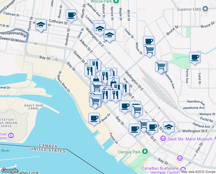 map of restaurants, bars, coffee shops, grocery stores, and more near 298 Queen Street East in Sault Ste. Marie