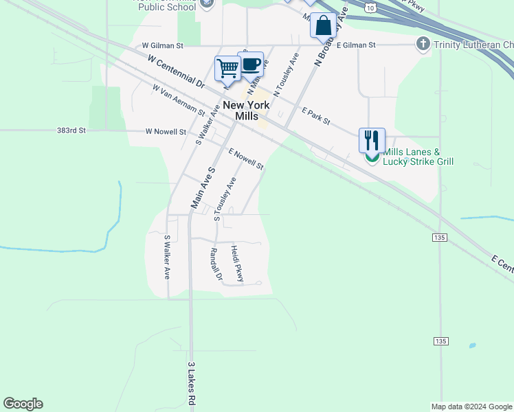 map of restaurants, bars, coffee shops, grocery stores, and more near 106 Edgewood Street in New York Mills