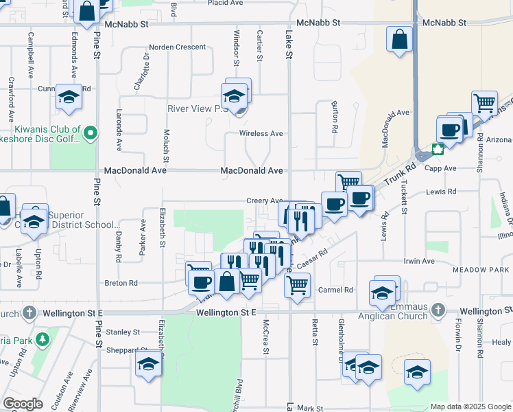 map of restaurants, bars, coffee shops, grocery stores, and more near 199 Breton Road in Sault Ste. Marie