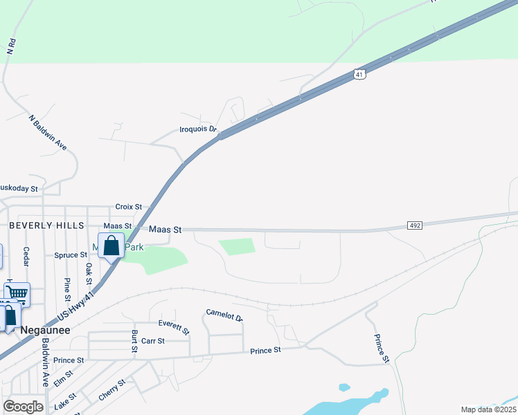 map of restaurants, bars, coffee shops, grocery stores, and more near 1101 Maas Street in Negaunee