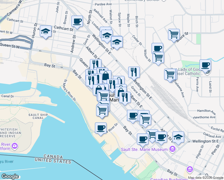 map of restaurants, bars, coffee shops, grocery stores, and more near 275 Albert Street East in Sault Ste. Marie