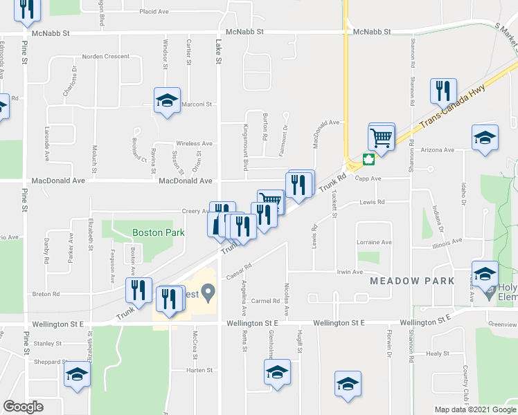 map of restaurants, bars, coffee shops, grocery stores, and more near 627 Macdonald Avenue in Sault Ste. Marie