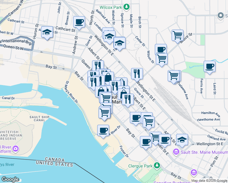 map of restaurants, bars, coffee shops, grocery stores, and more near 275 Albert Street East in Sault Ste. Marie