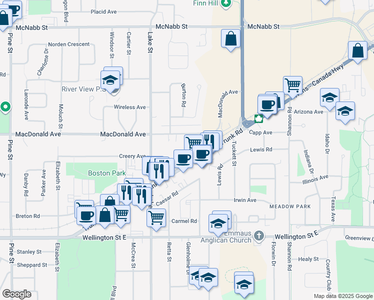 map of restaurants, bars, coffee shops, grocery stores, and more near 627 Macdonald Avenue in Sault Ste. Marie
