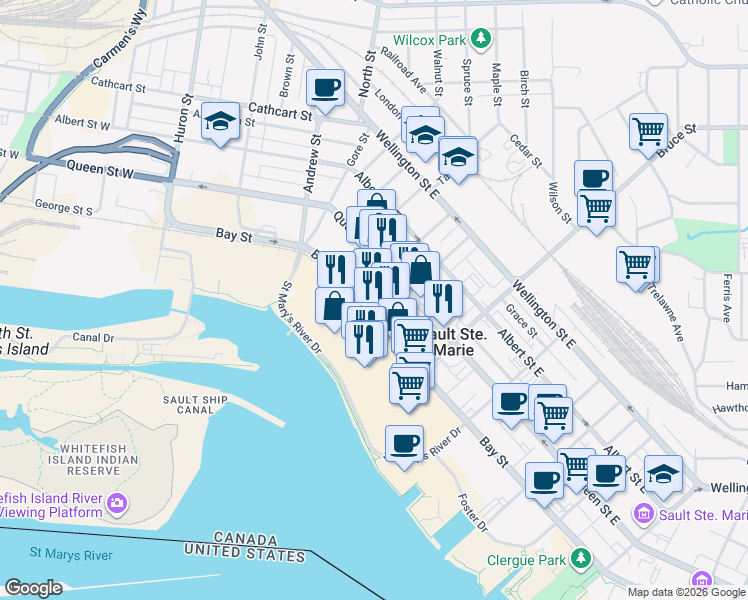 map of restaurants, bars, coffee shops, grocery stores, and more near 180 Bay Street in Sault Ste. Marie