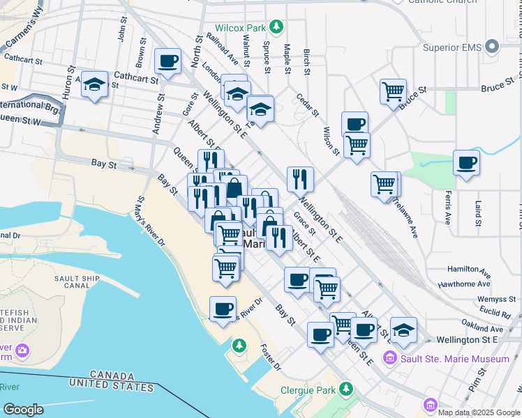 map of restaurants, bars, coffee shops, grocery stores, and more near 275 Albert Street East in Sault Ste. Marie