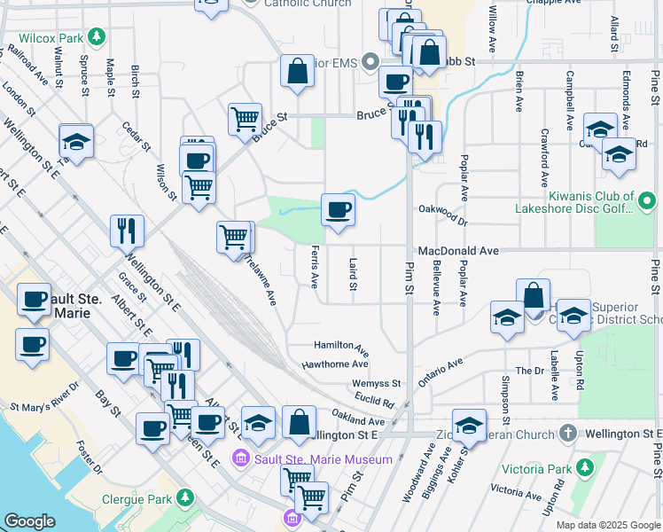 map of restaurants, bars, coffee shops, grocery stores, and more near 34 South Gladstone Avenue in Sault Ste. Marie