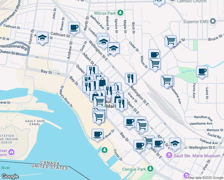 map of restaurants, bars, coffee shops, grocery stores, and more near 275 Albert Street East in Sault Ste. Marie