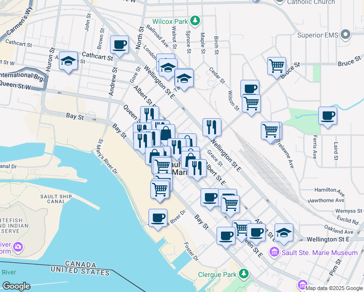 map of restaurants, bars, coffee shops, grocery stores, and more near 275 Albert Street East in Sault Ste. Marie