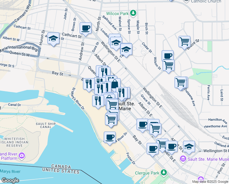 map of restaurants, bars, coffee shops, grocery stores, and more near 200 Queen Street East in Sault Ste. Marie