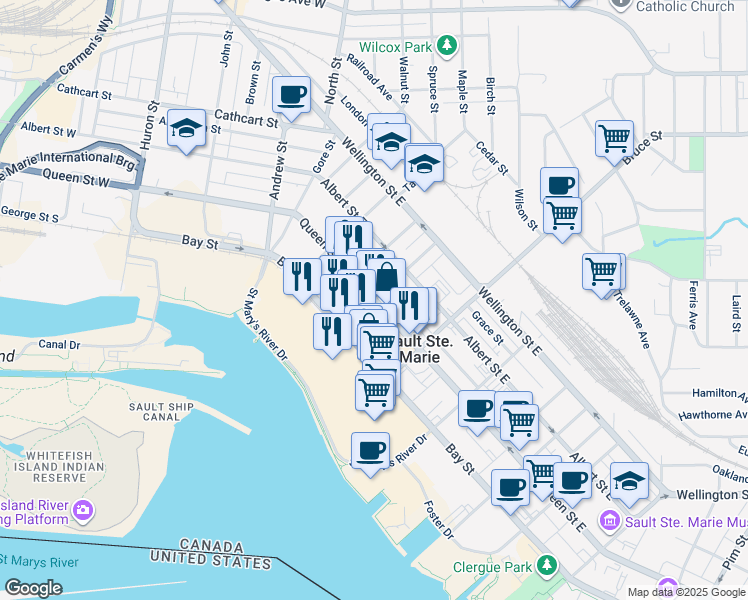 map of restaurants, bars, coffee shops, grocery stores, and more near 200 Queen Street East in Sault Ste. Marie