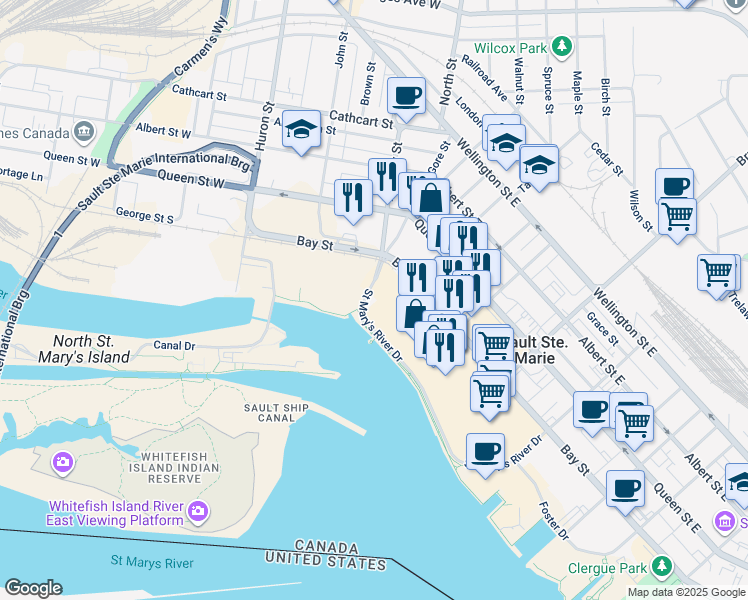 map of restaurants, bars, coffee shops, grocery stores, and more near in Sault Ste. Marie