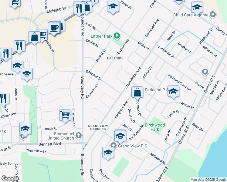 map of restaurants, bars, coffee shops, grocery stores, and more near 25 South Market Street in Sault Ste. Marie