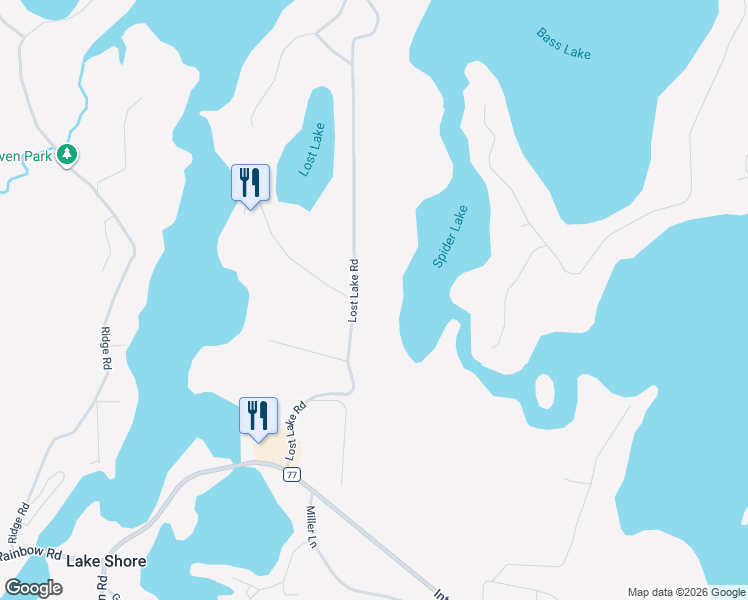 map of restaurants, bars, coffee shops, grocery stores, and more near 7976 Lost Lake Road in Lake Shore
