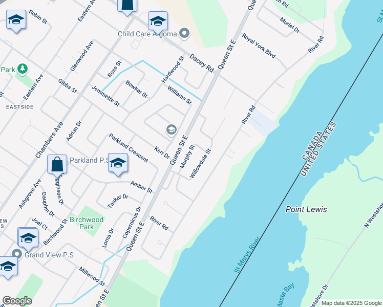 map of restaurants, bars, coffee shops, grocery stores, and more near 96 Murphy Street in Sault Ste. Marie