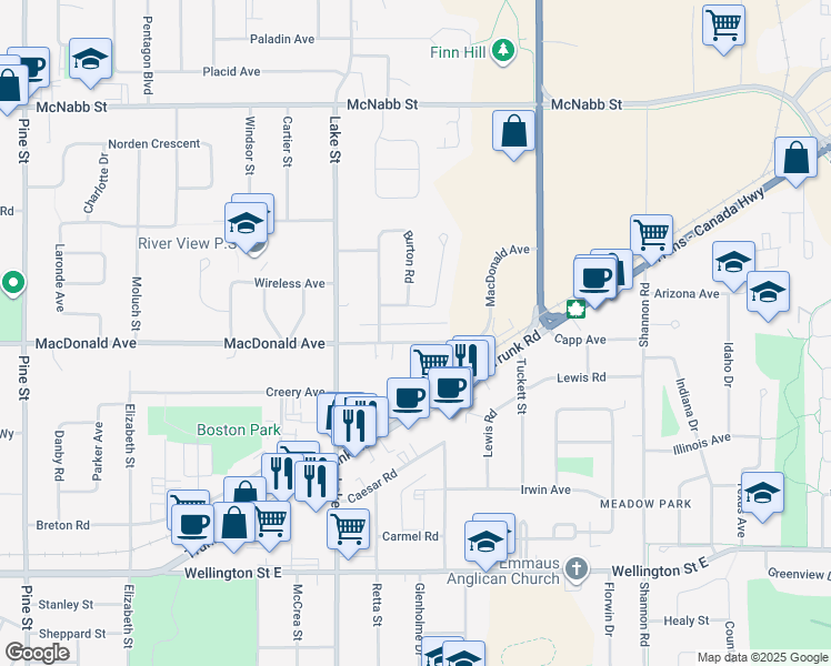 map of restaurants, bars, coffee shops, grocery stores, and more near 602 Macdonald Avenue in Sault Ste. Marie