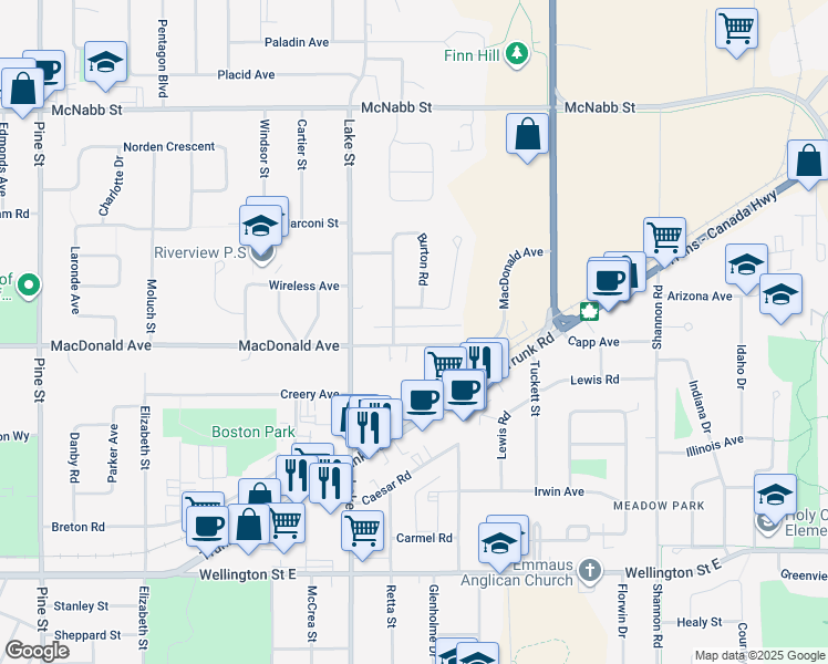 map of restaurants, bars, coffee shops, grocery stores, and more near 21 Fairmount Drive in Sault Ste. Marie