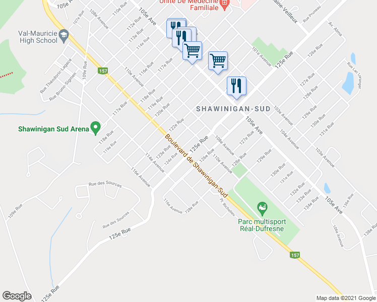 map of restaurants, bars, coffee shops, grocery stores, and more near 1180 125e Rue in Shawinigan