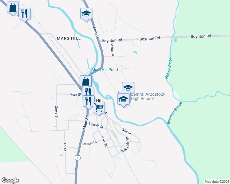 map of restaurants, bars, coffee shops, grocery stores, and more near 16 Pleasant Street in Mars Hill