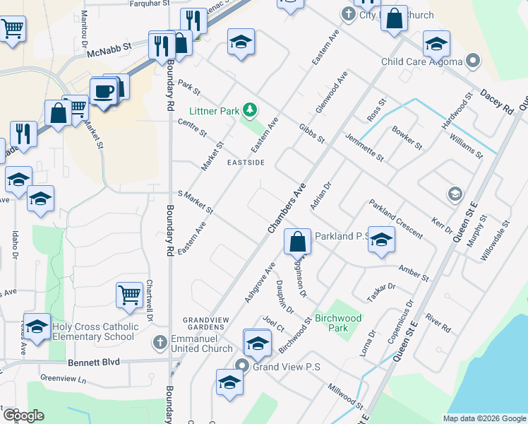 map of restaurants, bars, coffee shops, grocery stores, and more near 18 Wayne Court in Sault Ste. Marie