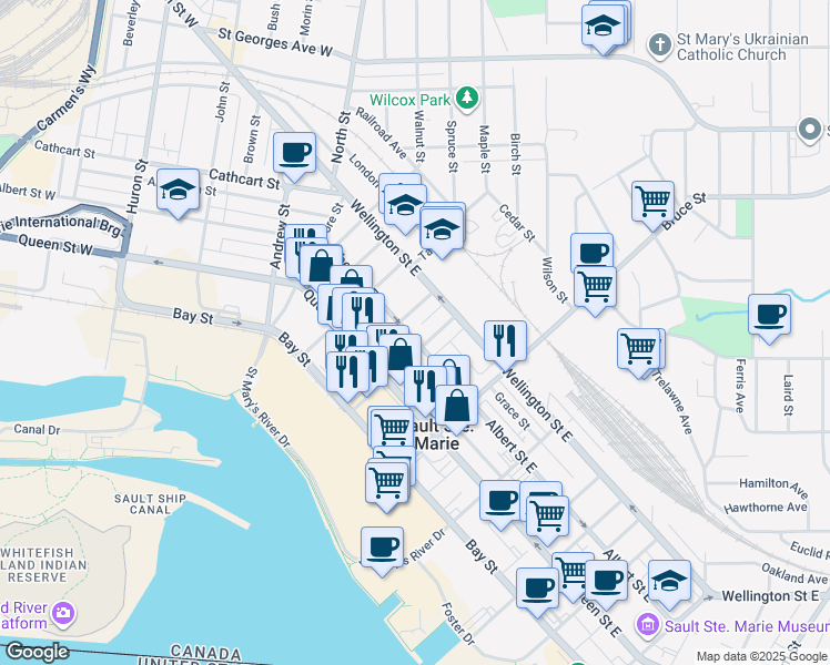 map of restaurants, bars, coffee shops, grocery stores, and more near 168 Albert Street East in Sault Ste. Marie