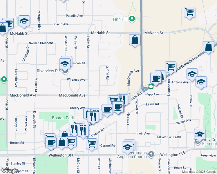 map of restaurants, bars, coffee shops, grocery stores, and more near 21 Fairmount Drive in Sault Ste. Marie