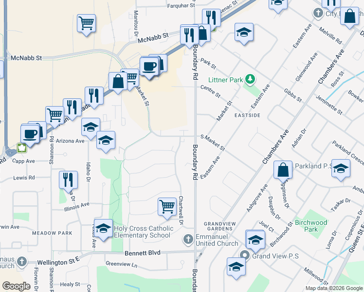 map of restaurants, bars, coffee shops, grocery stores, and more near 156 Chartwell Drive in Sault Ste. Marie